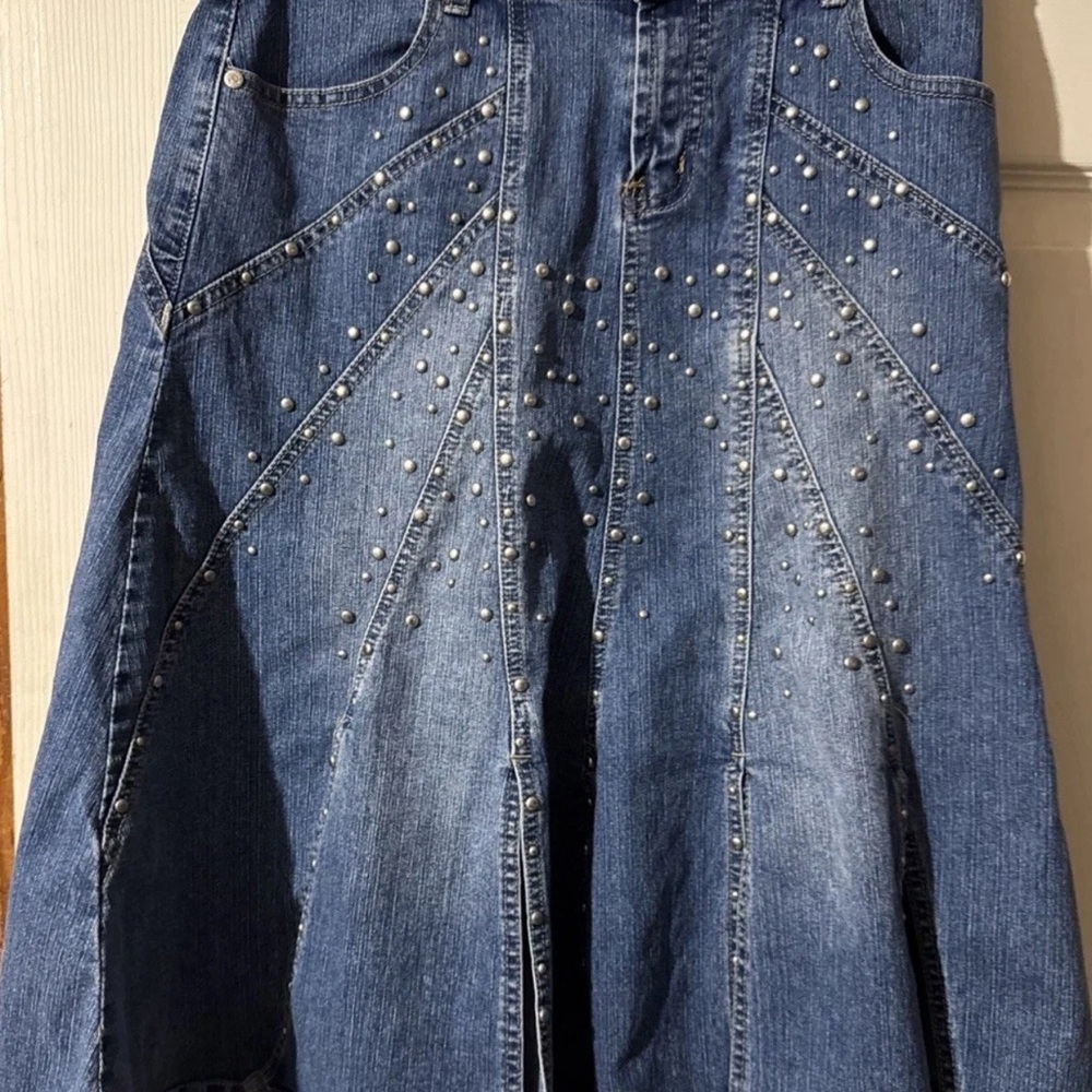 Platium Plus Woman Denim Skirt L Zip Studs Open Flare Stretch Midi Boho Stylish
